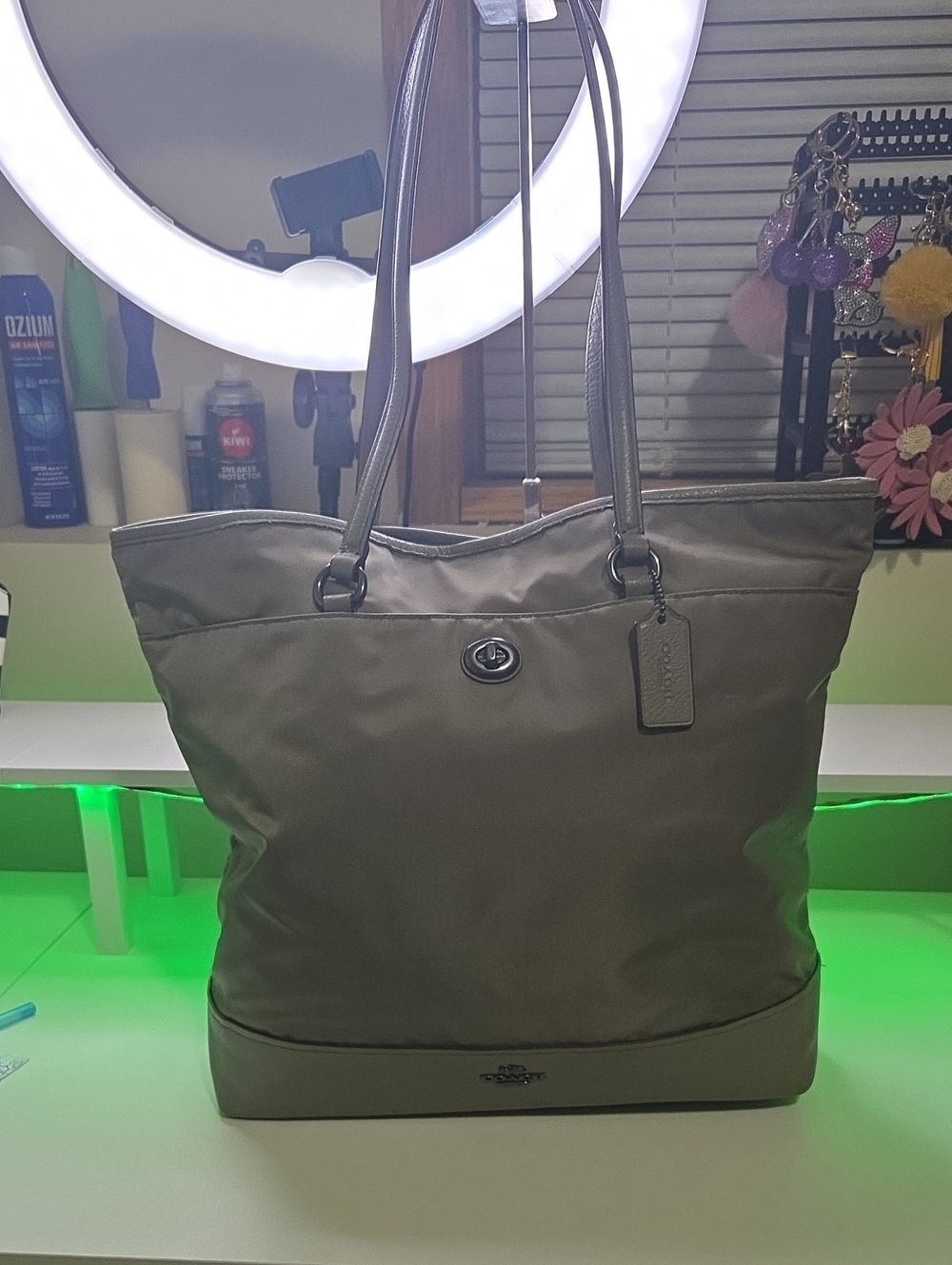 Coach Taupe Nylon Carryall  Tote with Leather Trim